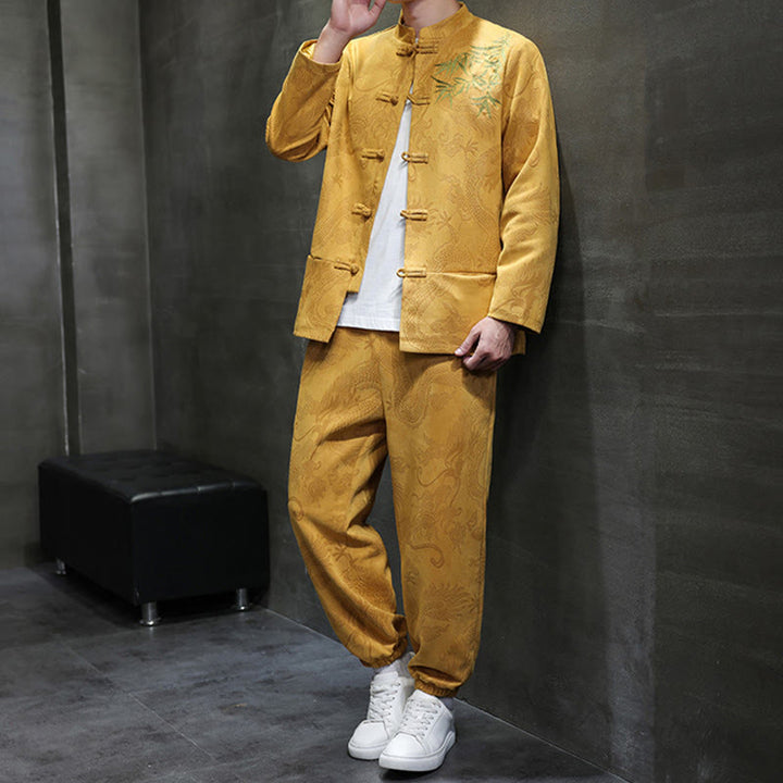 Buddha Stones 2点セット 春 龍 竹 雲 メンズ 唐装 カエルボタン コットン 長袖 ジャケット パンツ セット ポケット付き - image 16