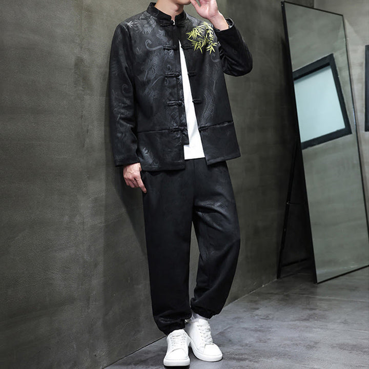 Buddha Stones 2点セット 春 龍 竹 雲 メンズ 唐装 カエルボタン コットン 長袖 ジャケット パンツ セット ポケット付き - image 22