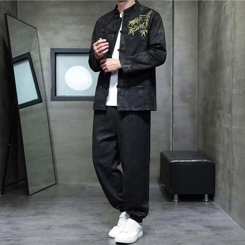 Buddha Stones 2点セット 春 龍 竹 雲 メンズ 唐装 カエルボタン コットン 長袖 ジャケット パンツ セット ポケット付き - image 27