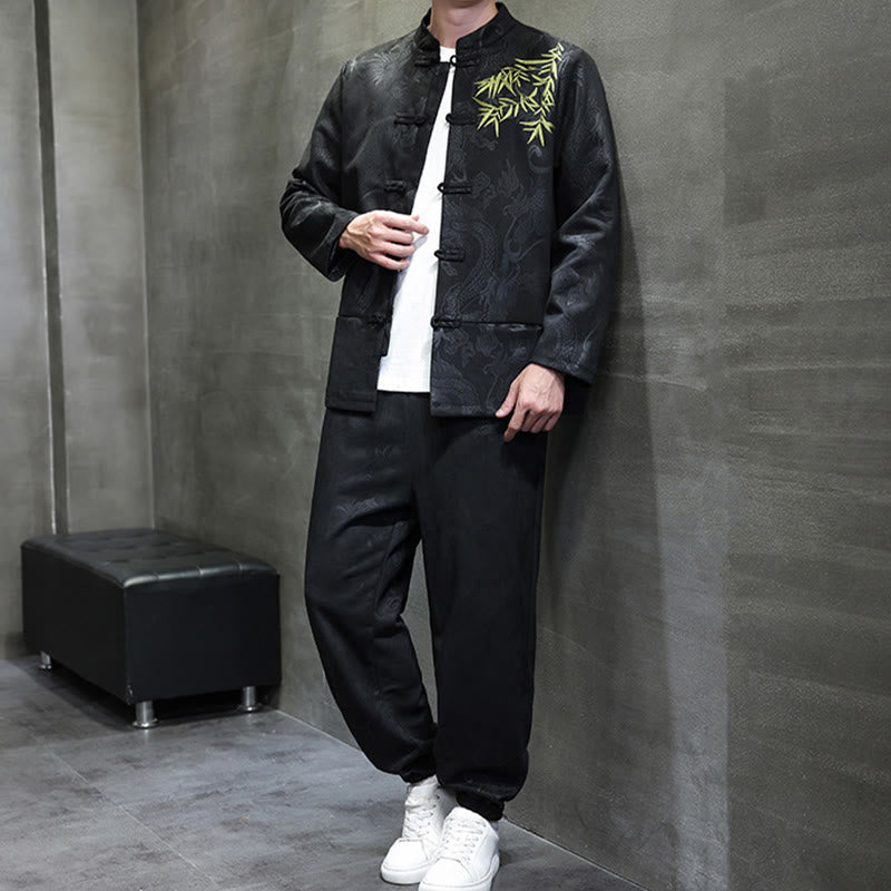 Buddha Stones 2点セット 春 龍 竹 雲 メンズ 唐装 カエルボタン コットン 長袖 ジャケット パンツ セット ポケット付き - image 25