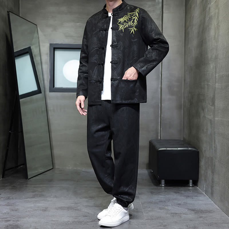 Buddha Stones 2点セット 春 龍 竹 雲 メンズ 唐装 カエルボタン コットン 長袖 ジャケット パンツ セット ポケット付き - image 23