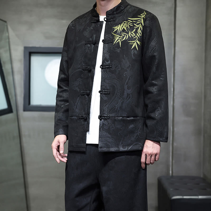 Buddha Stones 2点セット 春 龍 竹 雲 メンズ 唐装 カエルボタン コットン 長袖 ジャケット パンツ セット ポケット付き - image 29