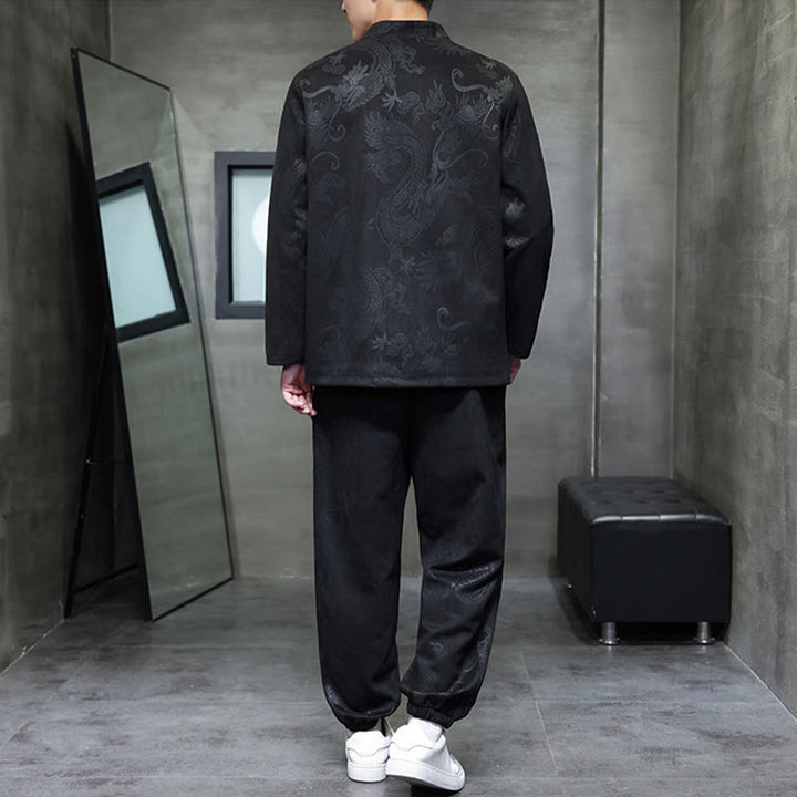 Buddha Stones 2点セット 春 龍 竹 雲 メンズ 唐装 カエルボタン コットン 長袖 ジャケット パンツ セット ポケット付き - image 24