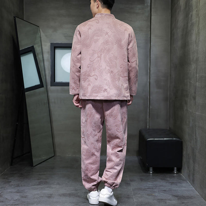 Buddha Stones 2点セット 春 龍 竹 雲 メンズ 唐装 カエルボタン コットン 長袖 ジャケット パンツ セット ポケット付き - image 33