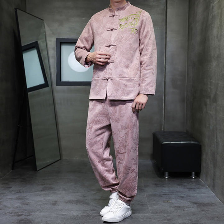 Buddha Stones 2点セット 春 龍 竹 雲 メンズ 唐装 カエルボタン コットン 長袖 ジャケット パンツ セット ポケット付き - image 37
