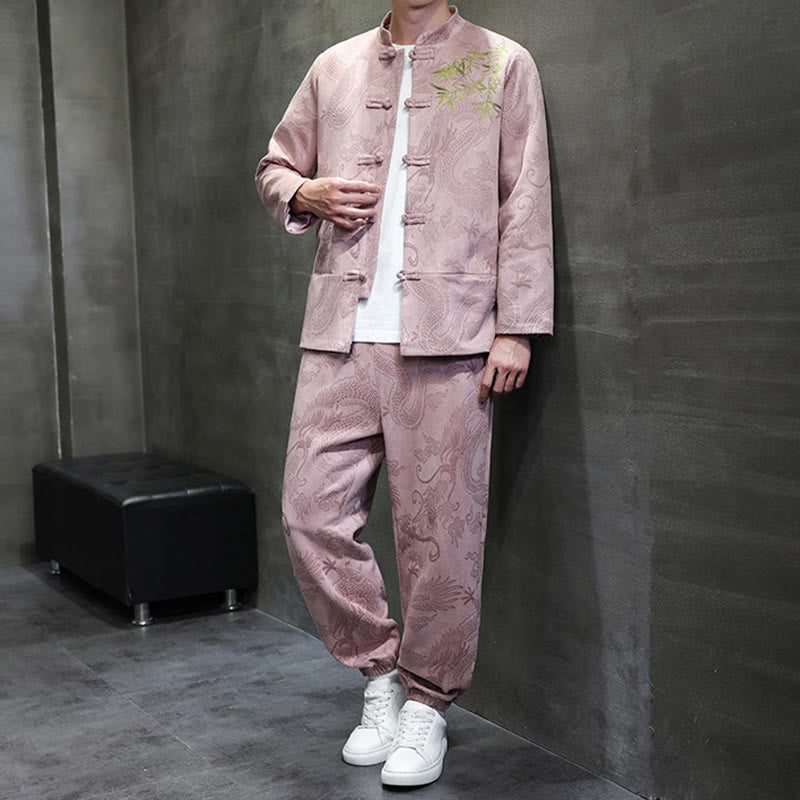 Buddha Stones 2点セット 春 龍 竹 雲 メンズ 唐装 カエルボタン コットン 長袖 ジャケット パンツ セット ポケット付き - image 35