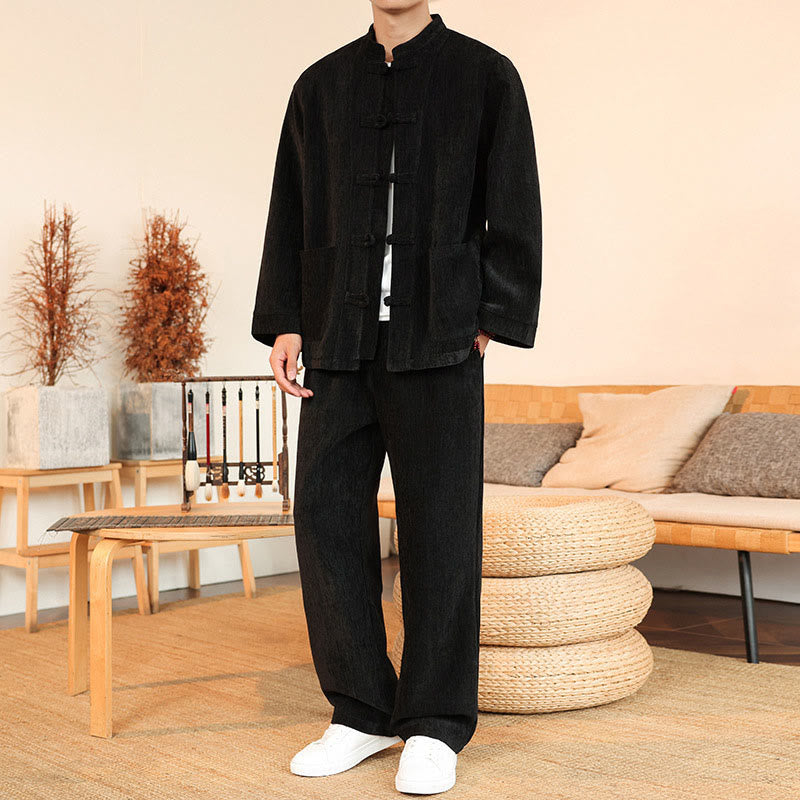 Buddha Stones 2点セット 冬用 厚手 メンズ 唐装 カエルボタン コットン コーデュロイ 長袖 ジャケット パンツ セット ポケット付き - 黒 - US/UK/AU46、 EU56 (5XL) - image 22