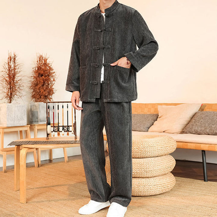 Buddha Stones 2点セット 冬用 厚手 メンズ 唐装 カエルボタン コットン コーデュロイ 長袖 ジャケット パンツ セット ポケット付き - image 9