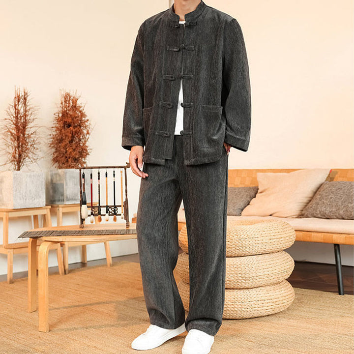 Buddha Stones 2点セット 冬用 厚手 メンズ 唐装 カエルボタン コットン コーデュロイ 長袖 ジャケット パンツ セット ポケット付き - image 14