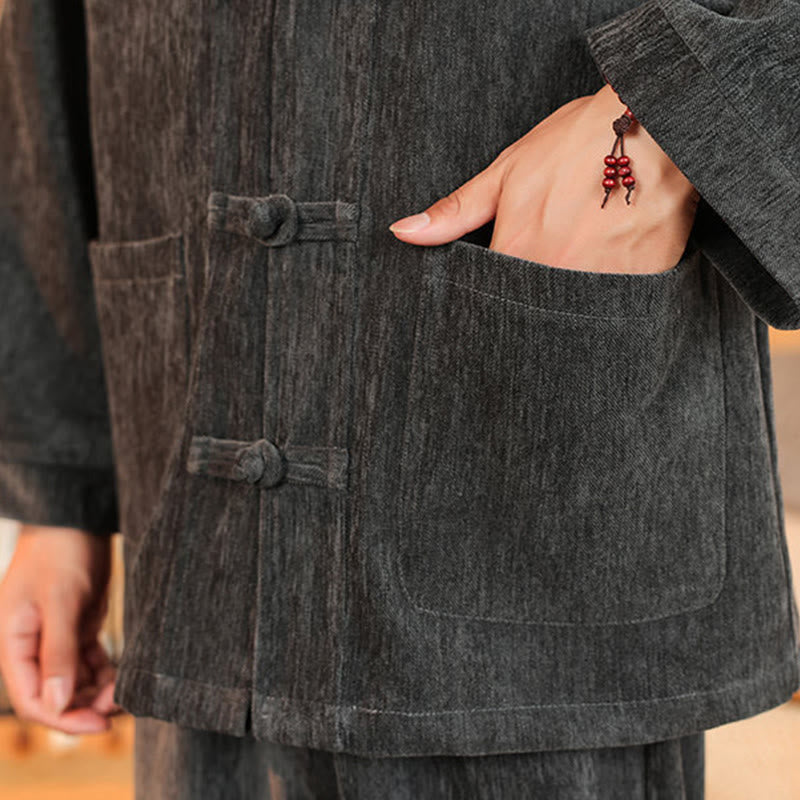 Buddha Stones 2点セット 冬用 厚手 メンズ 唐装 カエルボタン コットン コーデュロイ 長袖 ジャケット パンツ セット ポケット付き - image 18