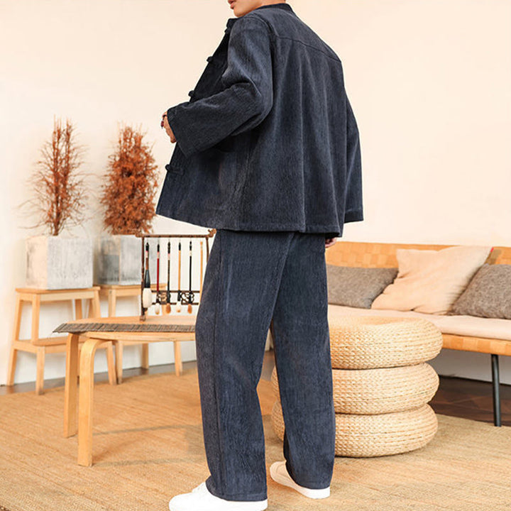 Buddha Stones 2点セット 冬用 厚手 メンズ 唐装 カエルボタン コットン コーデュロイ 長袖 ジャケット パンツ セット ポケット付き - image 11