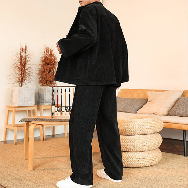 Buddha Stones 2点セット 冬用 厚手 メンズ 唐装 カエルボタン コットン コーデュロイ 長袖 ジャケット パンツ セット ポケット付き - image 25