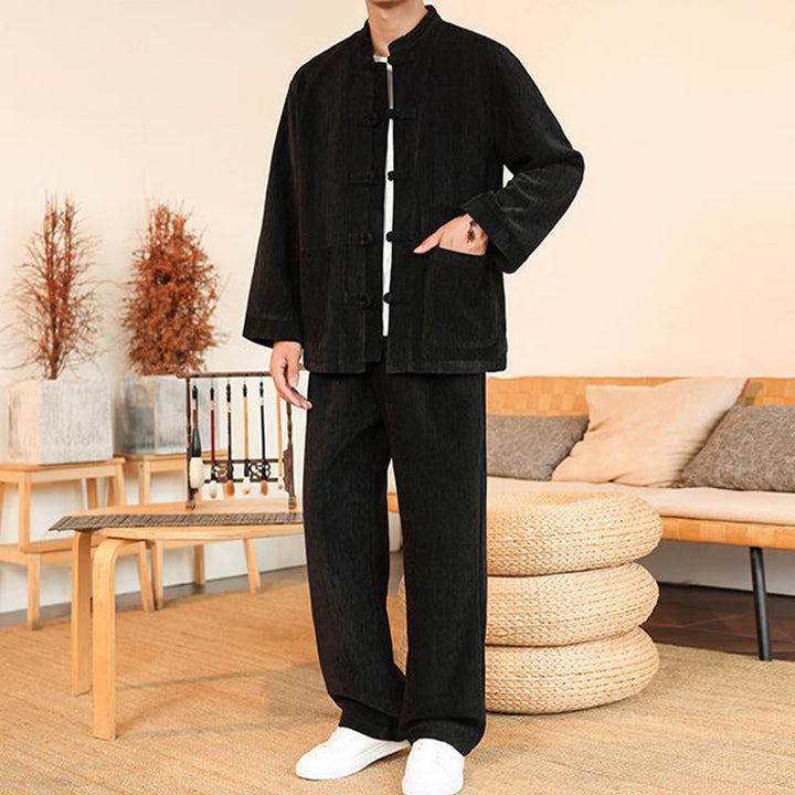 Buddha Stones 2点セット 冬用 厚手 メンズ 唐装 カエルボタン コットン コーデュロイ 長袖 ジャケット パンツ セット ポケット付き - image 28