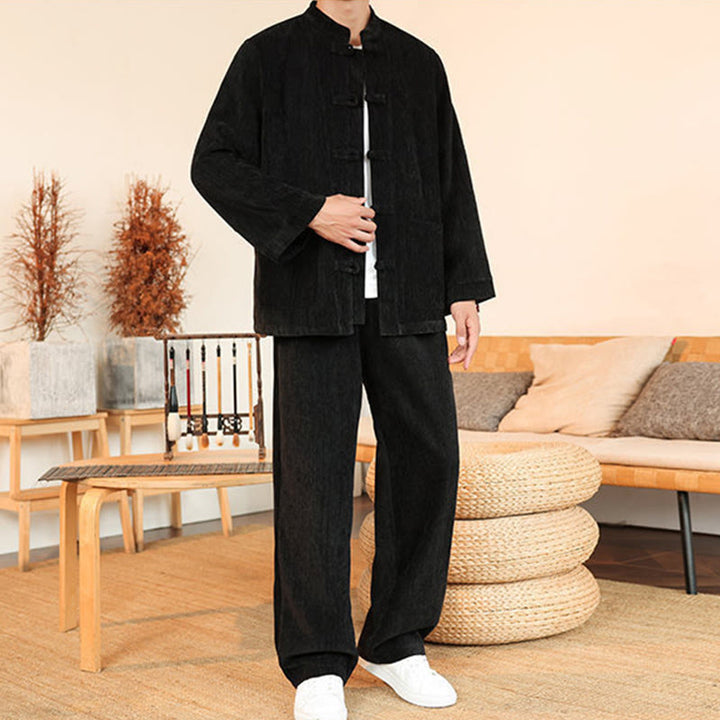 Buddha Stones 2点セット 冬用 厚手 メンズ 唐装 カエルボタン コットン コーデュロイ 長袖 ジャケット パンツ セット ポケット付き - image 26