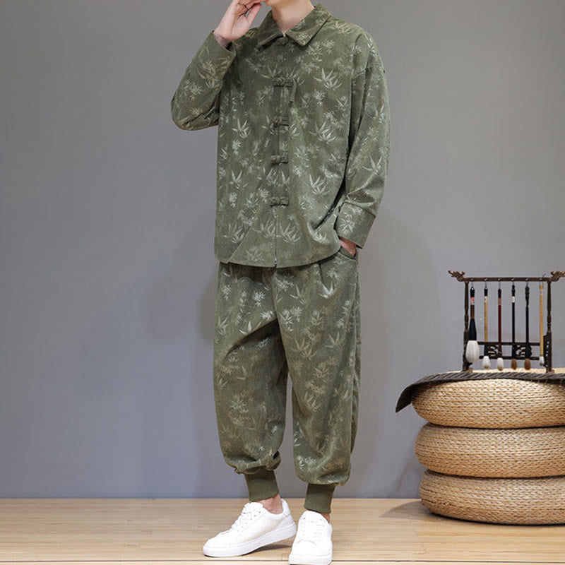 Buddha Stones 2点セット 冬用 厚手 竹 メンズ 唐装 カエルボタン コットン コーデュロイ 長袖 ジャケット パンツ セット ポケット付き - image 4