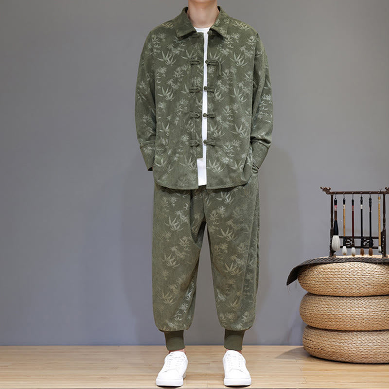 Buddha Stones 2点セット 冬用 厚手 竹 メンズ 唐装 カエルボタン コットン コーデュロイ 長袖 ジャケット パンツ セット ポケット付き - image 1