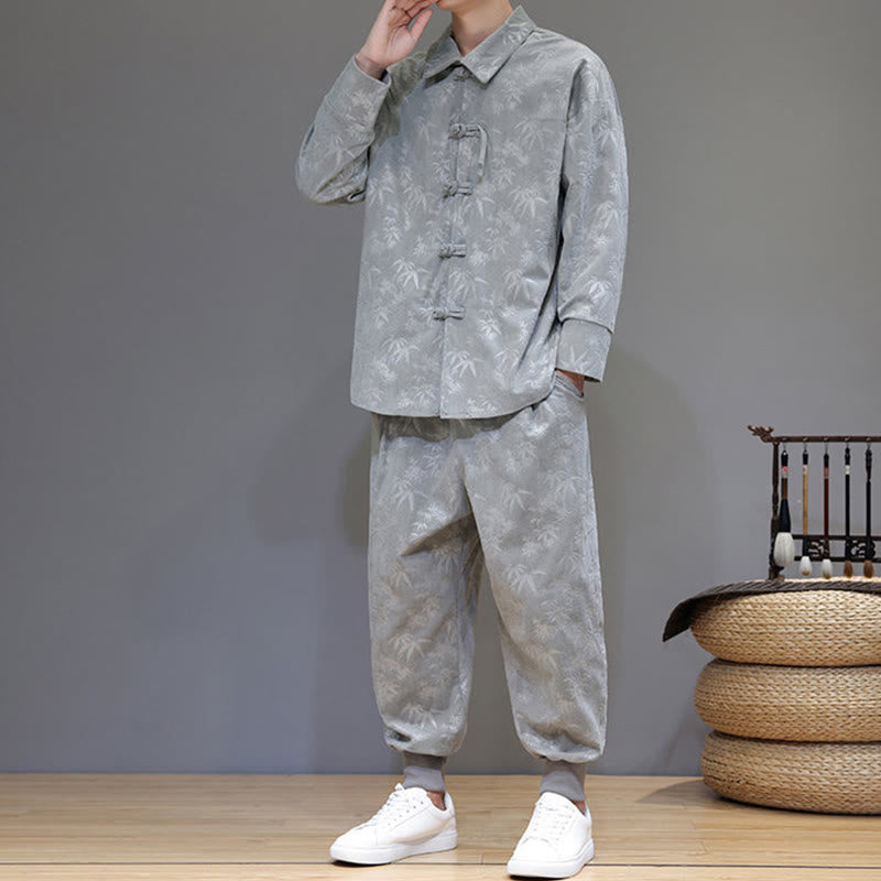 Buddha Stones 2点セット 冬用 厚手 竹 メンズ 唐装 カエルボタン コットン コーデュロイ 長袖 ジャケット パンツ セット ポケット付き - image 10