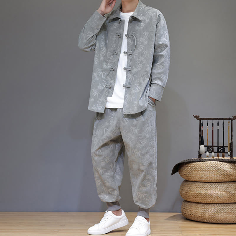 Buddha Stones 2点セット 冬用 厚手 竹 メンズ 唐装 カエルボタン コットン コーデュロイ 長袖 ジャケット パンツ セット ポケット付き - image 17