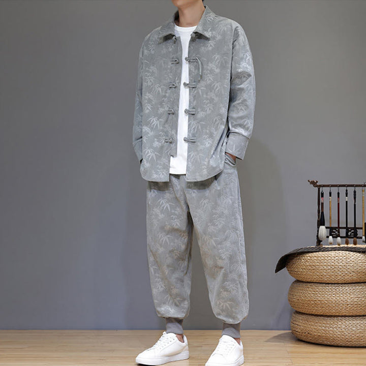 Buddha Stones 2点セット 冬用 厚手 竹 メンズ 唐装 カエルボタン コットン コーデュロイ 長袖 ジャケット パンツ セット ポケット付き - image 14