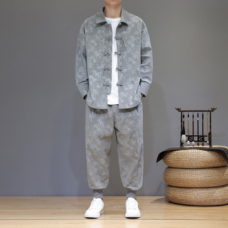 Buddha Stones 2点セット 冬用 厚手 竹 メンズ 唐装 カエルボタン コットン コーデュロイ 長袖 ジャケット パンツ セット ポケット付き - image 12