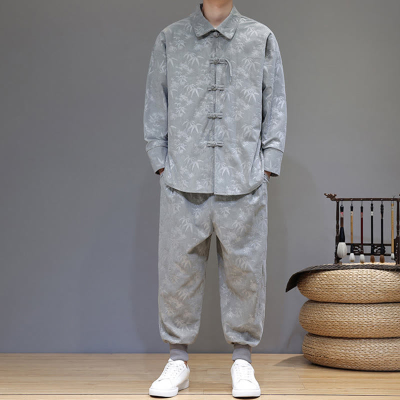 Buddha Stones 2点セット 冬用 厚手 竹 メンズ 唐装 カエルボタン コットン コーデュロイ 長袖 ジャケット パンツ セット ポケット付き - image 16