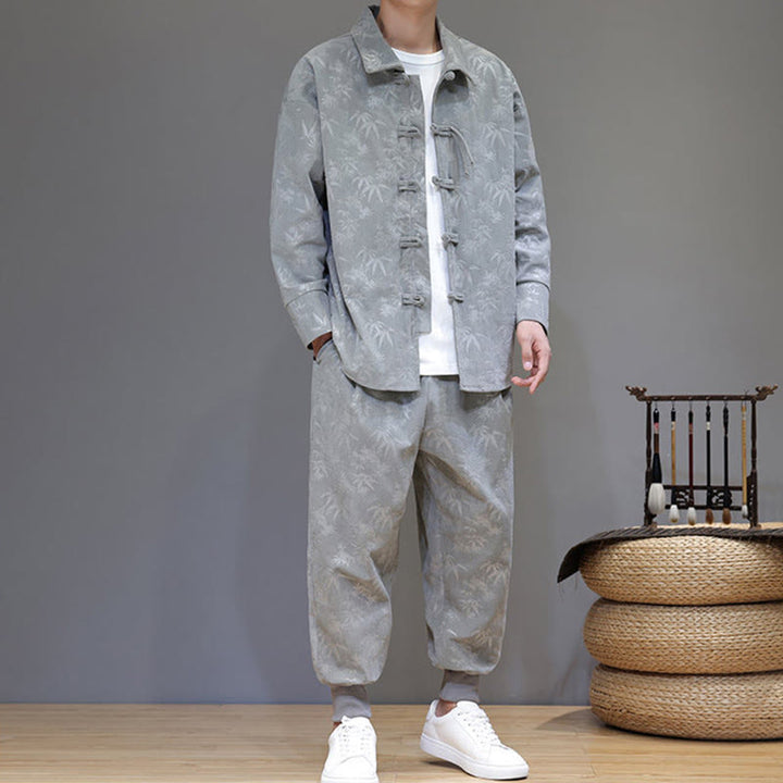 Buddha Stones 2点セット 冬用 厚手 竹 メンズ 唐装 カエルボタン コットン コーデュロイ 長袖 ジャケット パンツ セット ポケット付き - image 15