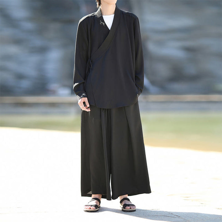 Buddha Stones 2点セット 秋 編み上げ 竹刺繍 コットン 着物 アンクル丈パンツ ポケット付き メンズ 瞑想用 布セット - 黒 - US/UK/AU46、 EU56 (5XL) - image 0