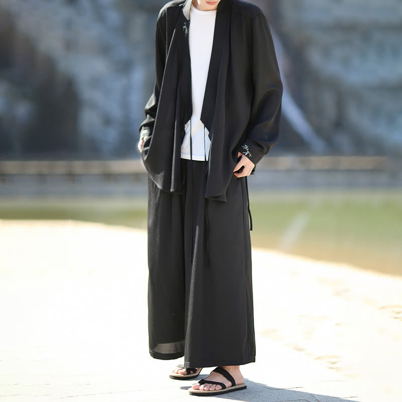 Buddha Stones 2点セット 秋 編み上げ 竹刺繍 コットン 着物 アンクル丈パンツ ポケット付き メンズ 瞑想用 布セット - image 1