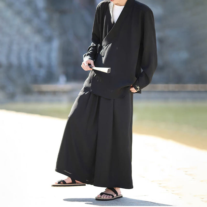 Buddha Stones 2点セット 秋 編み上げ 竹刺繍 コットン 着物 アンクル丈パンツ ポケット付き メンズ 瞑想用 布セット - image 5