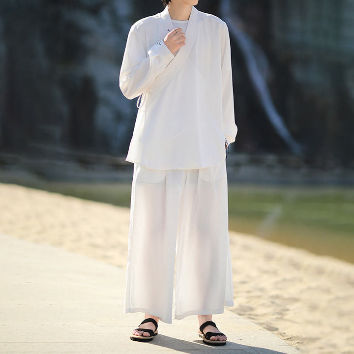 Buddha Stones 2点セット 秋 編み上げ 竹刺繍 コットン 着物 アンクル丈パンツ ポケット付き メンズ 瞑想用 布セット - image 8