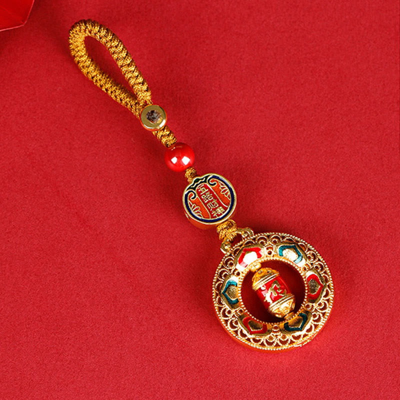 Buddha Stones銅製祈祷ホイール五方向 富の神 バランス 回転式キーチェーン - 五方位の福神 - ボタンロープ - image 0