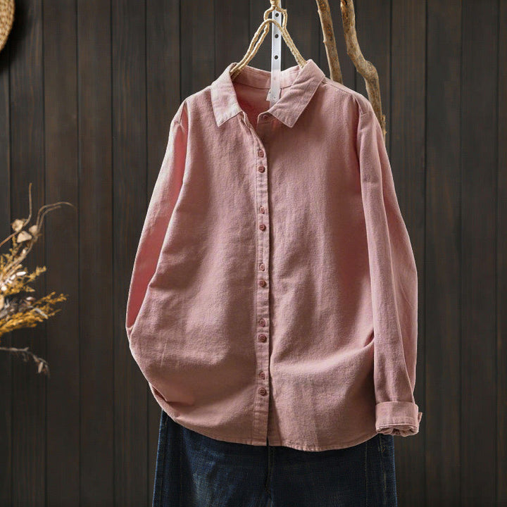 Buddha Stones秋冬 無地 ボタンダウン スタンドカラー 長袖 レディース コットンシャツ - ダークサーモン - US6、 UK/AU10、 EU38 (L) - image 2