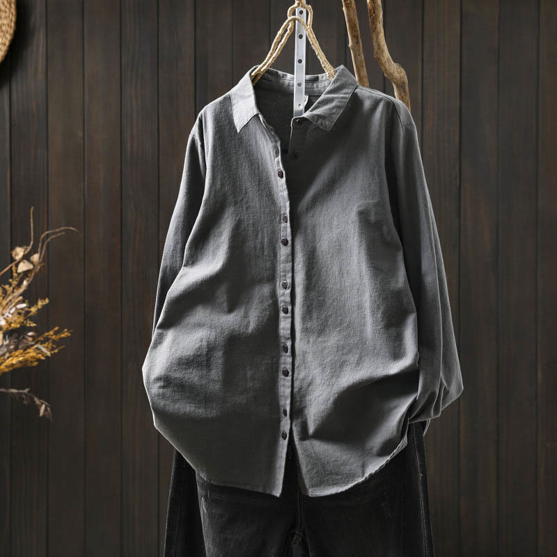 Buddha Stones秋冬 無地 ボタンダウン スタンドカラー 長袖 レディース コットンシャツ - グレー - US6、 UK/AU10、 EU38 (L) - image 18