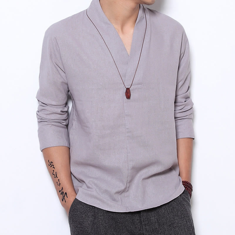 Buddha Stonesカジュアル Vネック 長袖シャツ リネン メンズ 服 - ゲインズボロ - US/UK/AU44、EU54 (5XL) - image 0