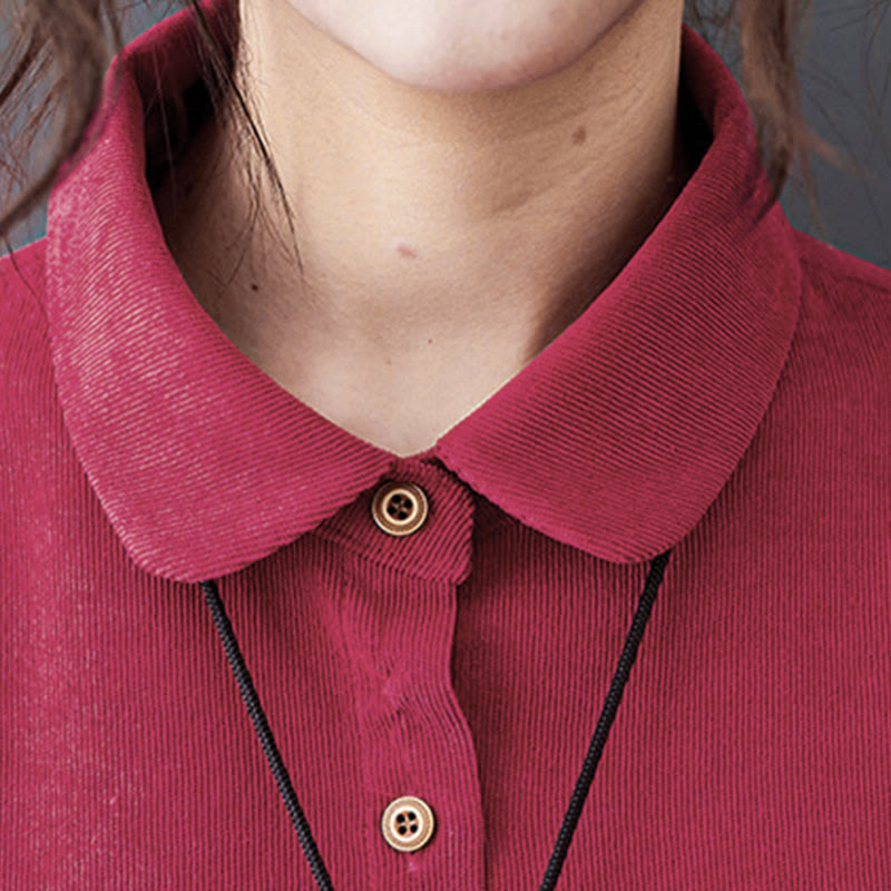 Buddha Stones秋ボタンデザイン 長袖 コットンコーデュロイ ミディドレス ポケット付き - image 17