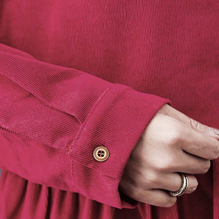 Buddha Stones秋ボタンデザイン 長袖 コットンコーデュロイ ミディドレス ポケット付き - image 19