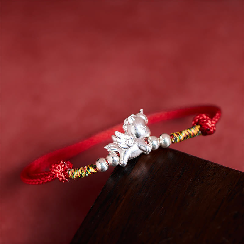 Buddha Stones925スターリングシルバー 馬年豊かさの紐ブレスレット - レッド（手首周り：14～18cm） - image 0