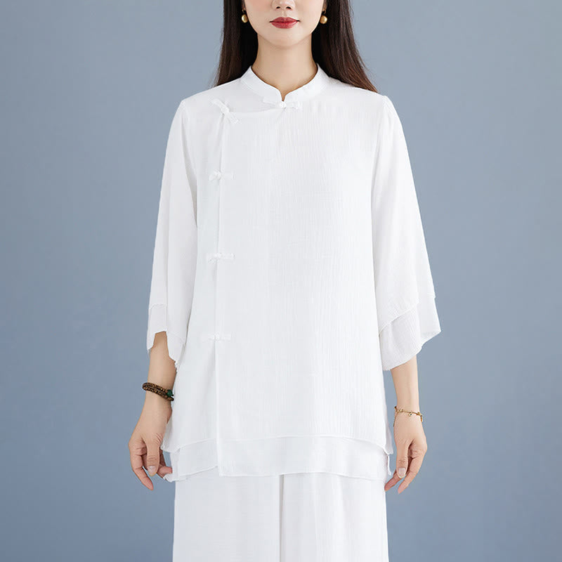 Buddha Stones 2点セット 無地 ホワイト カエルボタン 七分袖 シャツ ワイドレッグパンツ 瞑想 禅服 レディース セット - image 7