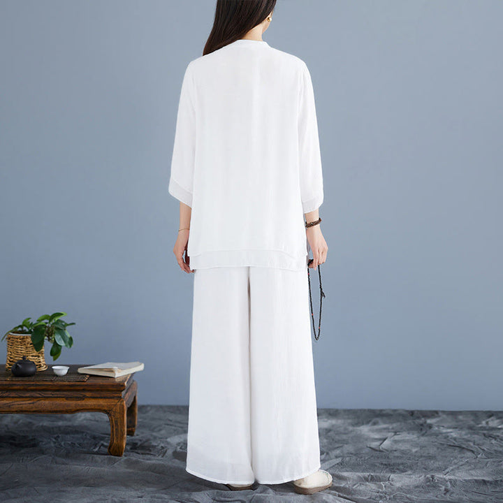 Buddha Stones 2点セット 無地 ホワイト カエルボタン 七分袖 シャツ ワイドレッグパンツ 瞑想 禅服 レディース セット - image 3