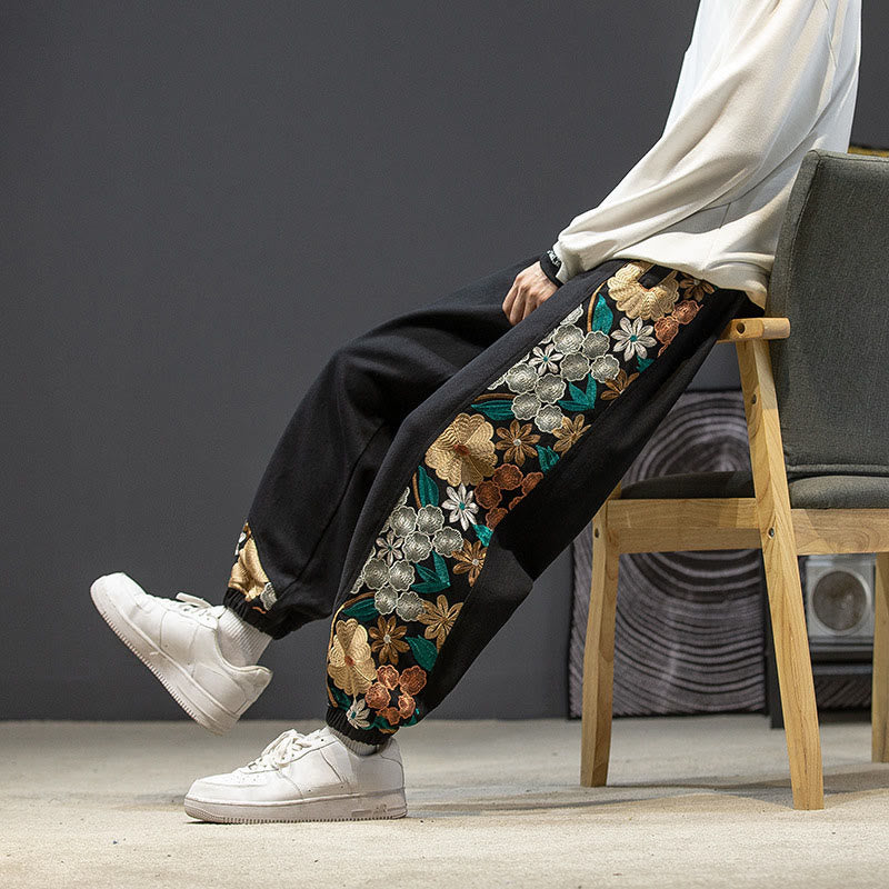 Buddha Stones春 メンズ 刺繍花柄パッチワークコットンパンツ ポケット付き - 黒 - US/UK/AU46、 EU56 (5XL) - image 0