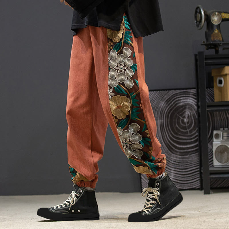 Buddha Stones春 メンズ 刺繍花柄パッチワークコットンパンツ ポケット付き - インディアンレッド - US/UK/AU46、 EU56 (5XL) - image 5