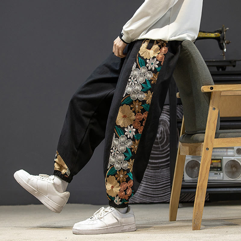 Buddha Stones春 メンズ 刺繍花柄パッチワークコットンパンツ ポケット付き - image 1