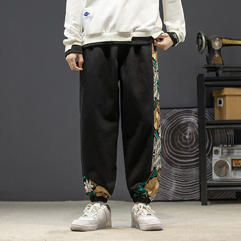Buddha Stones春 メンズ 刺繍花柄パッチワークコットンパンツ ポケット付き - image 3