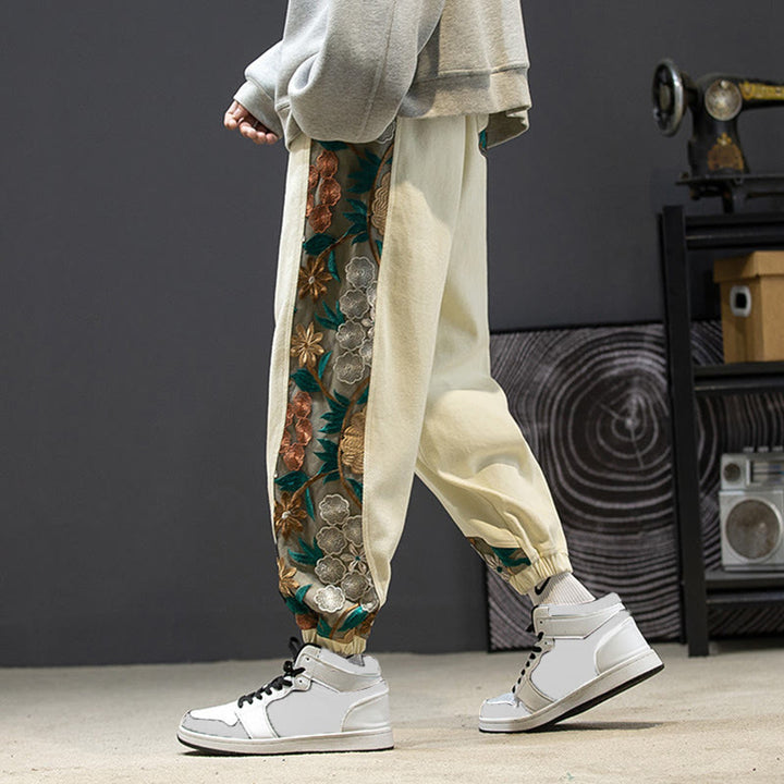 Buddha Stones春 メンズ 刺繍花柄パッチワークコットンパンツ ポケット付き - レモンシフォン - US/UK/AU46、 EU56 (5XL) - image 20