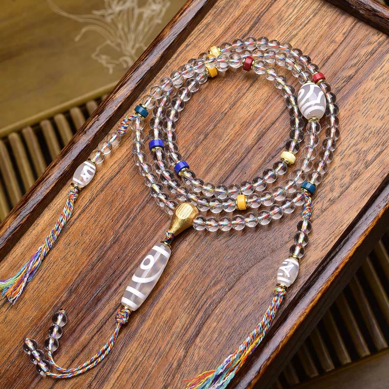 Buddha Stones108 ビーズ Liuli クリスタル Dzi ビーズ瑪瑙祝福タッセルマーラー数珠 - 二つ目のDziビーズ - 6mm - image 13