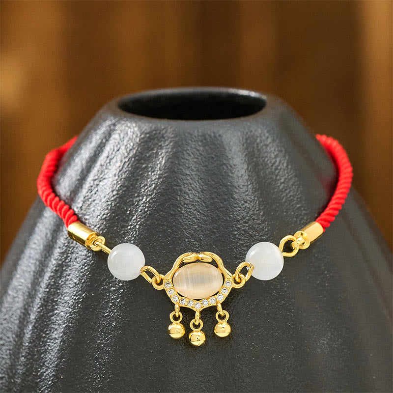 Buddha Stones中国ロックチャーム キャッツアイ赤紐銅メッキ ゴールド守護ブレスレット - image 4