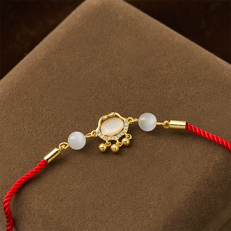 Buddha Stones中国ロックチャーム キャッツアイ赤紐銅メッキ ゴールド守護ブレスレット - image 3