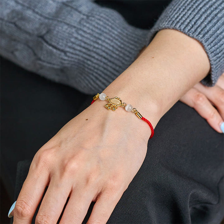 Buddha Stones中国ロックチャーム キャッツアイ赤紐銅メッキ ゴールド守護ブレスレット - image 5
