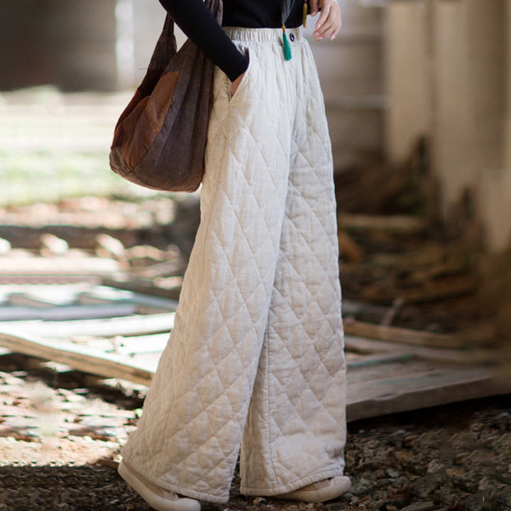 Buddha Stones無地 厚手コットン レディース ワイドレッグパンツ ポケット付き - 雪 - US8-10，UK/AU12-14，EU40-42 (2XL) - image 0