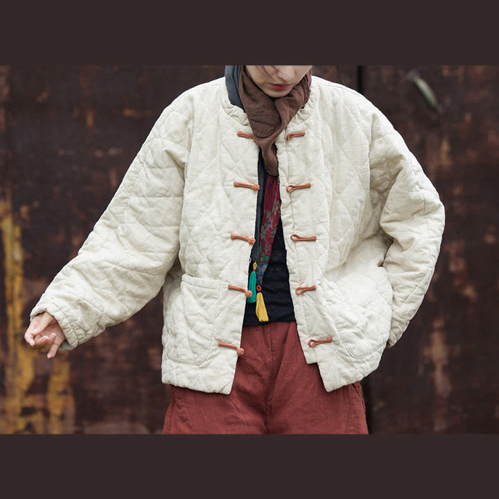 Buddha Stones冬用 カエルボタンライン オープンフロント コットン 長袖 レディース サーマルジャケット ポケット付き - フローラルホワイト - US14、 UK/AU18、 EU46 (2XL) - image 0